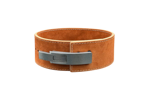 Tan suede leather powerlifting belt with white contrast stitching and silver metal lever buckle closure, flat lay on white ba