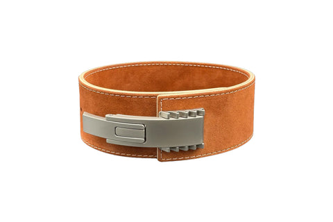 Tan suede leather powerlifting belt with white contrast stitching and silver metal lever buckle closure, flat lay on white ba