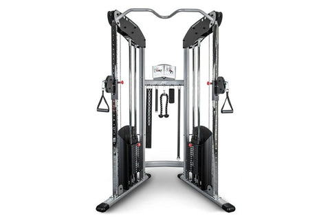 Silver and black dual cable machine functional trainer with weight stacks, hanging handles, and digital display on white back