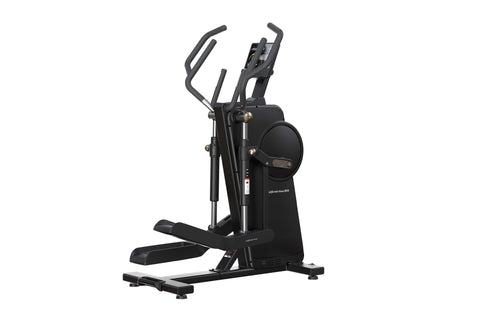 Black elliptical trainer with dual handles, digital display console, and wide foot pedals on white background