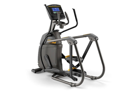 Black and gray elliptical machine with yellow accents, blue digital display console, and curved handlebars on white backgroun