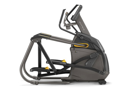 Black and gray elliptical machine with yellow accents, blue digital display console, and curved handlebars on white backgroun