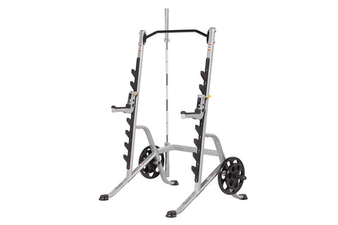 Hoist multi-purpose squat rack with silver frame, black curved top bar, and black rubber-coated dumbbell holders on vertical 