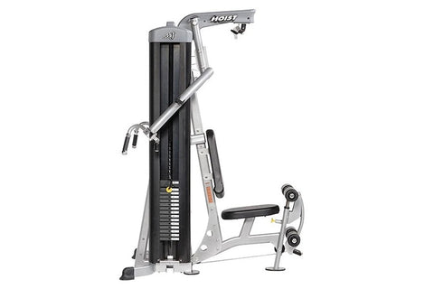 Hoist Mi1 home gym with black seat and gray frame, featuring dual handles and footrest, viewed from above on white background