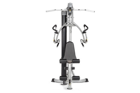 Hoist Mi1 home gym with black seat and gray frame, featuring dual handles and footrest, viewed from above on white background