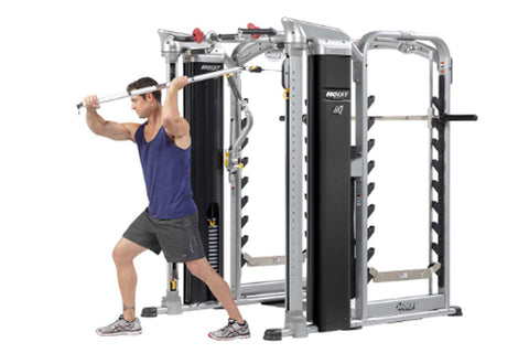 Hoist Mi7Smith functional training system with silver frame, black panels, and multiple attachment stations on white backgrou
