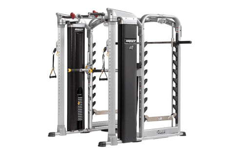 Hoist Mi7Smith functional training system with silver frame, black panels, and multiple attachment stations on white backgrou
