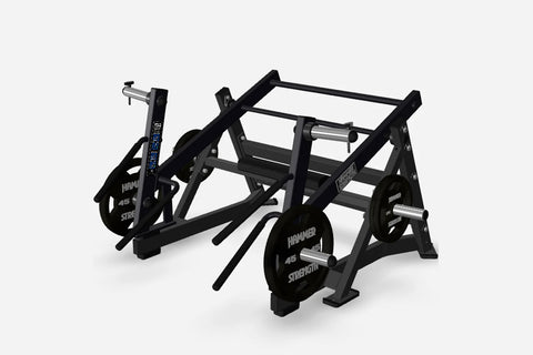 Black Hammer Strength multi-squat machine with weight plates and chrome bars on white background