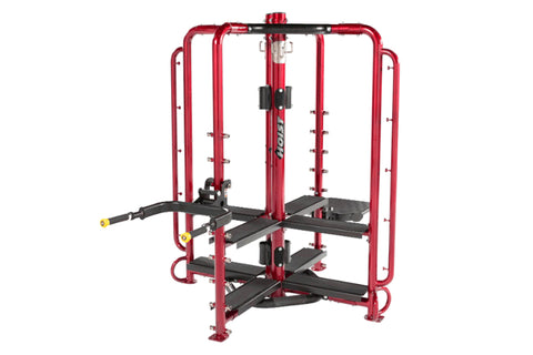 Red and black multi-station fitness cage with leg press, chest press, and lat pulldown attachments on white background