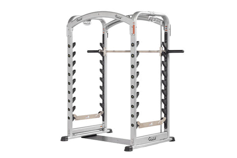 Silver and black dual action Smith machine with adjustable weight pegs, curved top frame, and footrest on white background