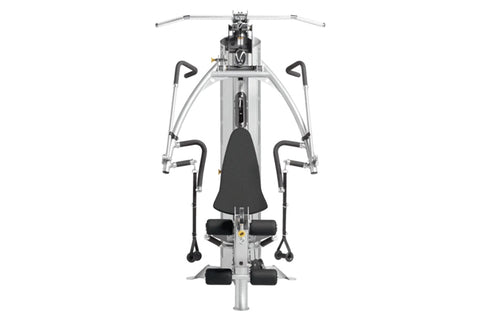 Hoist V4-Elite home gym with silver frame, black seat and handles, and integrated leg press station on white background