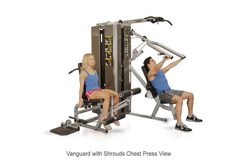 Inflight Vanguard 2-stack multi-gym with gray upholstered seats, silver aluminum frame, and dual weight stacks on white backg