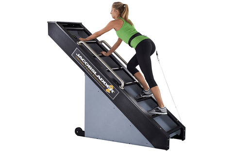 Jacobs Ladder 2 climbing machine with black rails, gray base, and angled ladder steps on white background