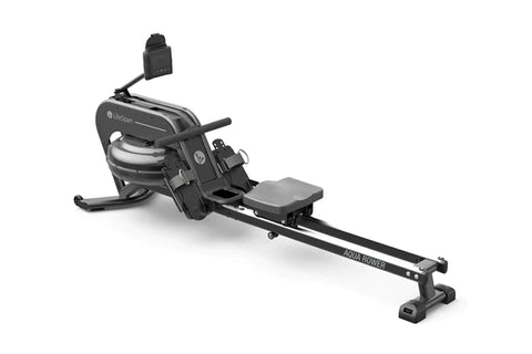 Black water rowing machine with digital monitor, padded seat, and adjustable footrest on white background