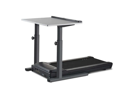 LifeSpan TR1000-Classic treadmill desk with black surface, gray metal frame and dual adjustable legs on white background