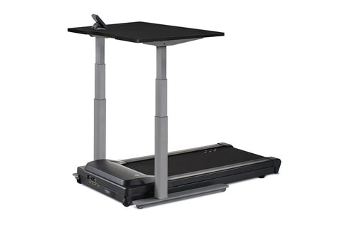 LifeSpan TR1000-Omni desk treadmill with black running belt, gray desk surface, and white adjustable metal frame on white bac