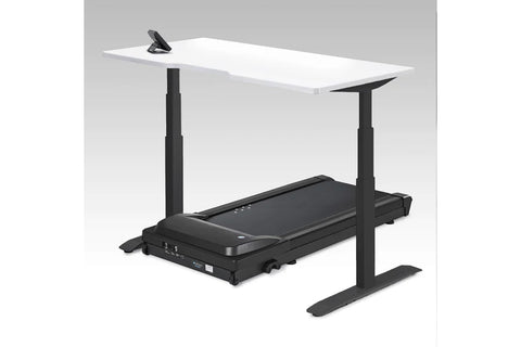 White desktop on black adjustable standing desk frame with integrated black treadmill base and digital display