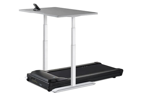 LifeSpan TR1200 treadmill desk with black treadmill, white adjustable frame, and gray desktop work surface on white backgroun