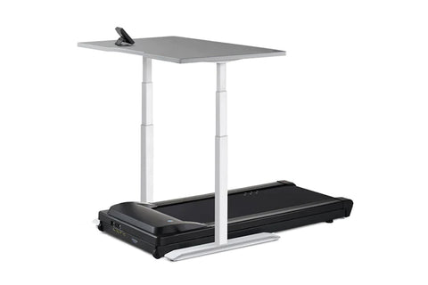 LifeSpan TR1200 treadmill desk with black treadmill, white adjustable frame, and gray desktop work surface on white backgroun