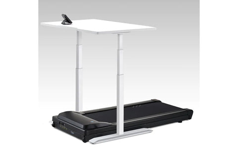 White desktop treadmill desk with black treadmill base, white support columns, and control panel on gray background