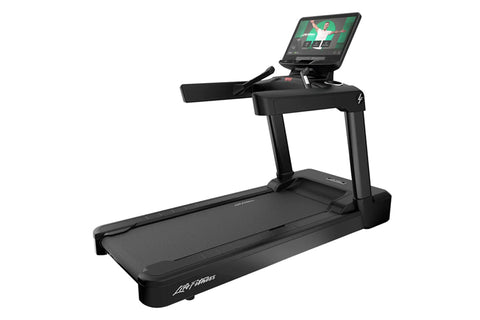 Black Life Fitness commercial treadmill with digital console, handrails, and wide running deck on white background