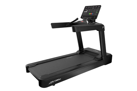 Black Life Fitness commercial treadmill with digital console, handrails, and wide running deck on white background