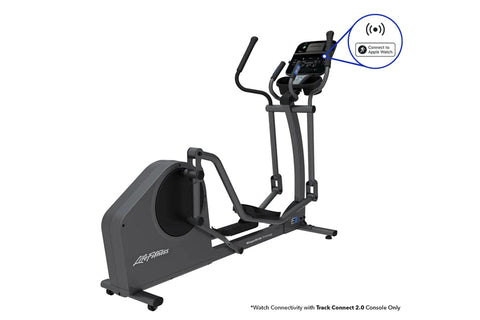 Black Life Fitness E1 elliptical cross-trainer with digital console, dual handles, and foot pedals on white background