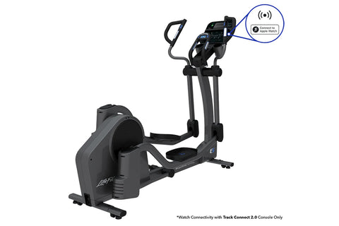 Black Life Fitness E5 elliptical machine with digital console, foot pedals, and dual handles on white background