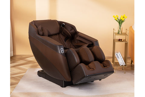 Brown and charcoal zero gravity massage chair with padded headrest and footrest on white background