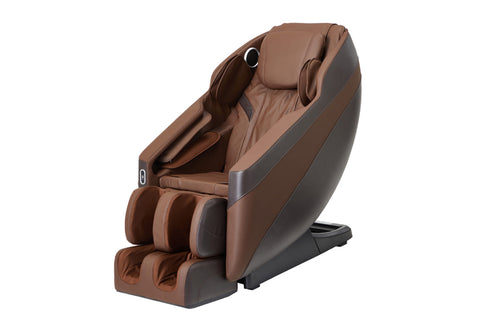 Brown and charcoal zero gravity massage chair with padded headrest and footrest on white background