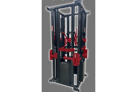 Black and red Marpo Magrack home gym functional training system with person in pink shirt demonstrating leg press exercise