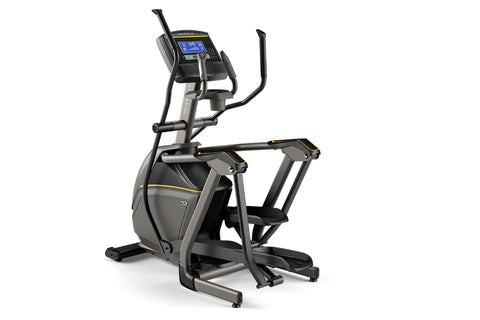 Matrix E30 elliptical machine with digital console, gray and black frame with yellow accents, on white background