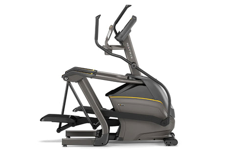 Matrix E30 elliptical machine with digital console, gray and black frame with yellow accents, on white background