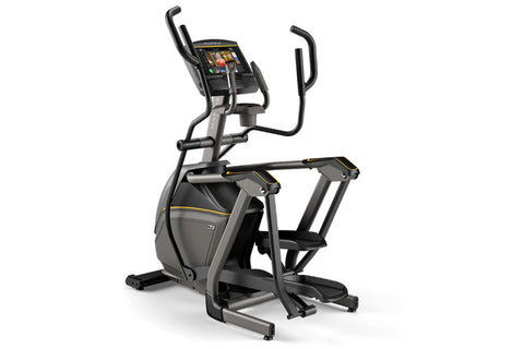 Matrix E50 elliptical machine with black and gray frame, digital console display, and dual handlebar grips on white backgroun