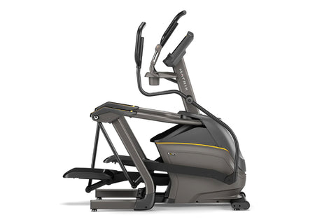 Matrix E50 elliptical machine with black and gray frame, digital console display, and dual handlebar grips on white backgroun