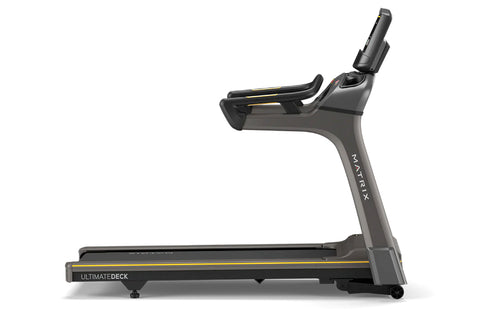 Matrix T30 treadmill with black and gray frame, digital display console, dual handles, and black running deck on white backgr