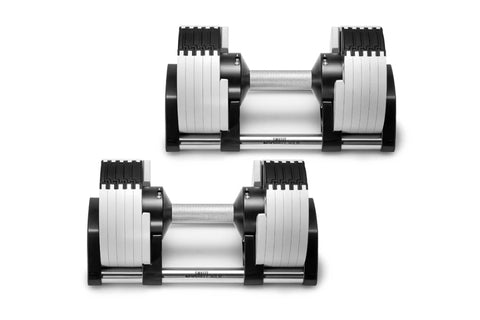 Pair of adjustable dumbbells with white and black weight plates, metal handles, and grip ridges on white background