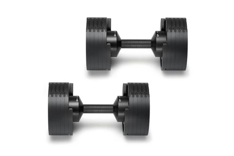 Pair of black adjustable dumbbells with textured grip handles and silver center bars, shown from side view on white backgroun