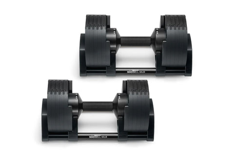 Pair of black adjustable dumbbells with textured grip handles and silver center bars, shown from side view on white backgroun