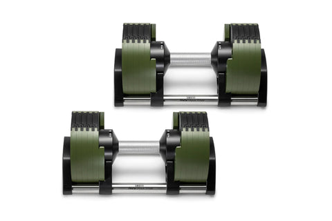 Pair of Nüobell adjustable dumbbells with olive green weight plates, black handles, and silver metal bars, shown stacked on w