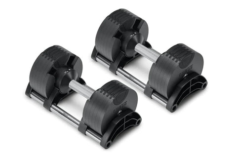 Pair of black adjustable dumbbells with chrome handles and numbered weight plates, flat lay on white background
