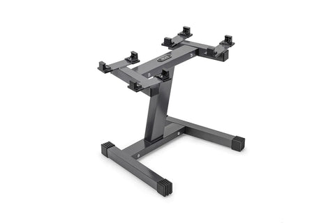 NÜOBELL adjustable dumbbell stand with gray steel single-legged base and multiple black clamps, displayed on white background