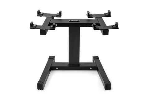 Black dumbbell stand with adjustable arms and single center leg on white background