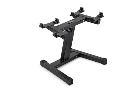 Black dumbbell stand with adjustable arms and single center leg on white background
