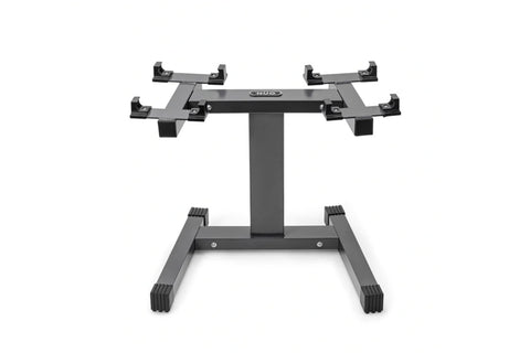 NÜOBELL adjustable dumbbell stand with gray steel single-legged base and multiple black clamps, displayed on white background