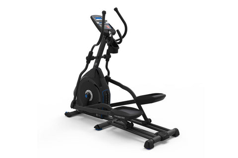 Black Nautilus E616 elliptical machine with digital console, curved handles, and footrests on white background