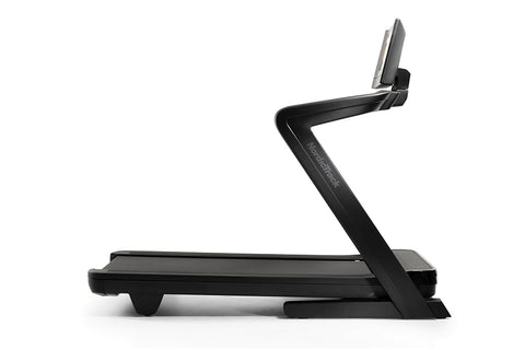 Black NordicTrack commercial treadmill with digital touchscreen console mounted on curved handlebars, wide running deck, on w