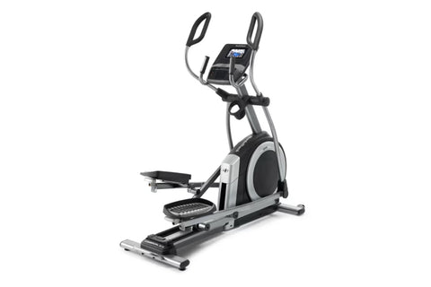 NordicTrack 9.9 Commercial Elliptical with black and silver frame, dual handles, digital console, and pedal platform on white