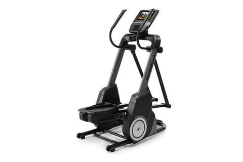 Black NordicTrack FS10i elliptical machine with digital console and moving handles, displayed on white background