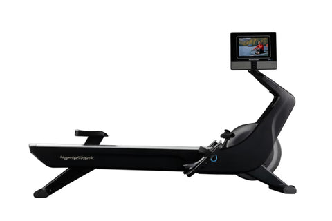Black NordicTrack RW700 rowing machine with articulating touchscreen display showing workout video, flat lay on white backgro